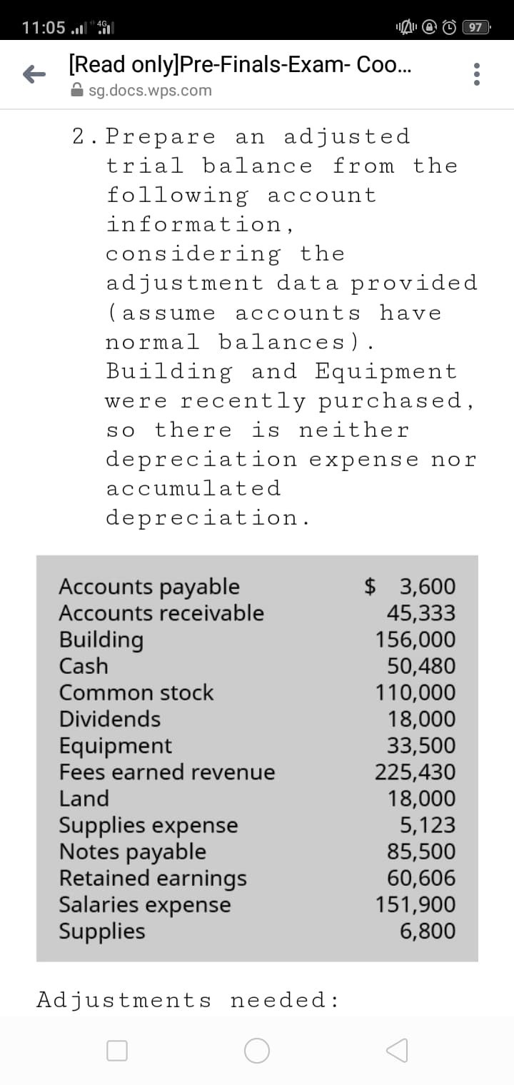 11:05 .l"49l
97
[Read only]Pre-Finals-Exam- Coo..
sg.docs.wps.com
2. Prepare an adjusted
trial balance from the
following account
information,
considering the
adjustment data provided
( assume accounts have
normal balances).
Building and Equipment
were recently purchased,
SO
there is neither
depreciation expense nor
accumulated
depreciation.
Accounts payable
Accounts receivable
Building
Cash
$ 3,600
45,333
156,000
50,480
110,000
18,000
33,500
225,430
18,000
5,123
85,500
60,606
151,900
6,800
Common stock
Dividends
Equipment
Fees earned revenue
Land
Supplies expense
Notes payable
Retained earnings
Salaries expense
Supplies
Adjustments needed:
