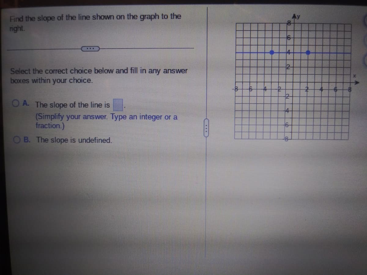 Find the slope of the line shown on the graph to the
right.
4-
Select the correct choice below and fill in any answer
boxes within your choice.
8-
A. The slope of the line is
4-
(Simplify your answer. Type an integer or a
fraction.)
O B. The slope is undefined.
