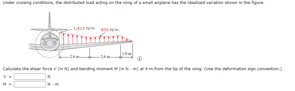 Under cruising conditions, the distributed load acting on the wing of a small airplane has the idealized variation shown in the figure.
1,615 N/m
870 N/m
1.0 m
-2.6 m.
2.6 m
Calculate the shear force V (in N) and bending moment M (in N· m) at 4 m from the tip of the wing. (Use the deformation sign convention.)
V =
N
M =
N. m
