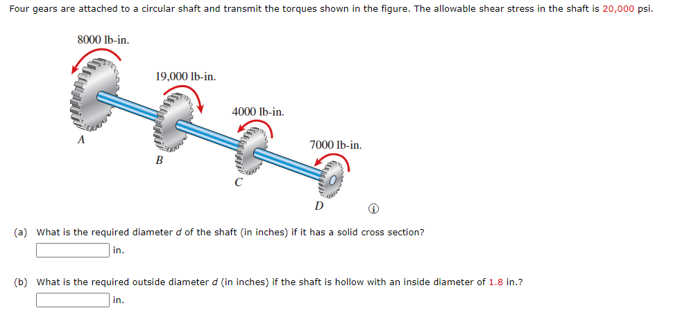 Four gears are attached to a circular shaft and transmit the torgues shown in the figure. The allowable shear stress in the shaft is 20,000 psi.
8000 lb-in.
19,000 lb-in.
4000 lb-in.
A
7000 lb-in.
B
D
(a) What is the required diameter d of the shaft (in inches) if it has a solid cross section?
in.
(b) What is the required outside diameter d (in inches) if the shaft is hollow with an inside diameter of 1.8 in.?
in.
