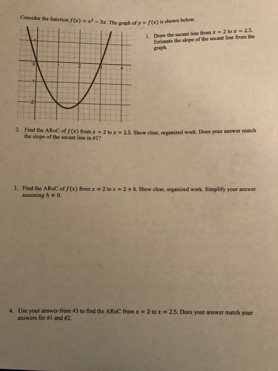 Consider the function f (x) = x² – 3x. The graph of y =f(x) is shown below.
1. Draw the secant line from x = 2 to x = 2.5.
Estimate the slope of the secant line from the
graph.
2. Find the AROC of f (x) from x = 2 to x = 2.5. Show clear, organized work. Does your answer match
the slope of the secant line in #1?
3. Find the AROC of f (x) from x = 2 to x = 2 + h. Show clear, organized work. Simplify your answer
assuming h + 0.
4. Use your answer from #3 to find the AR0C from x = 2 to x = 2.5. Does your answer match your
answers for #1 and #2.
