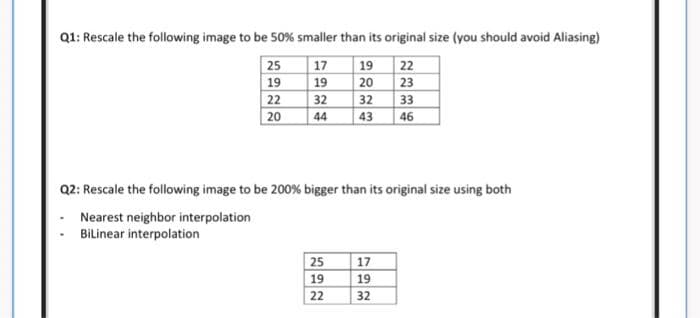 Q1: Rescale the following image to be 50% smaller than its original size (you should avoid Aliasing)
25
19
17
19
22
23
19
20
22
32
32
33
20
44
43
46
Q2: Rescale the following image to be 200% bigger than its original size using both
Nearest neighbor interpolation
BİLinear interpolation
25
17
19
19
22
32
