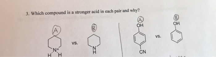 3. Which compound is a stronger acid in each pair and why?
OH
OH
vs.
Vs.
H H
CN
ZI
