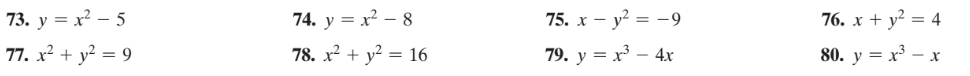 73. у 3 х? — 5
74. y = x² – 8
75. х — у? 3D — 9
76. х + у? — 4
77. х? + у? 3D 9
78. х2 + у? %3D 16
79. у 3 х3 — 4х
80. у 3D х3 — х
