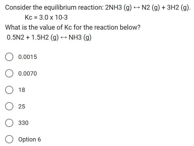 Consider the equilibrium reaction: 2NH3 (g) → N2 (g) + 3H2 (g).
Kc = 3.0 x 10-3
What is the value of Kc for the reaction below?
0.5N2 + 1.5H2 (g) → NH3 (g)
0.0015
0.0070
18
25
330
Option 6