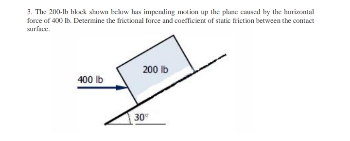 3. The 200-lb block shown below has impending motion up the plane caused by the horizontal
force of 400 lb. Determine the frictional force and coefficient of static friction between the contact
surface.
400 lb
200 lb
30°