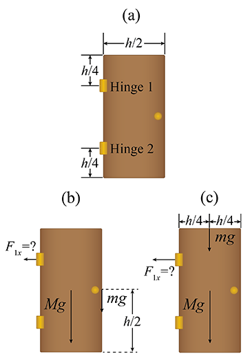 (а)
-h/2-
hl4
| Hinge 1
T Hinge 2
h14
(c)
|-h/4--h/4-|
|mg
(b)
F =?
F=?
Ix
Mg
mg
Mg
h/2
