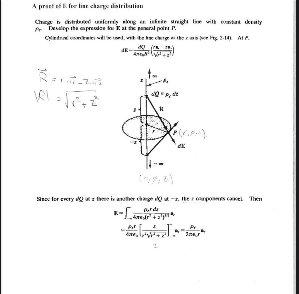 A proof of E for line charge distribution
Charge is distributed uniformly along an infinite straight line with constant density
Pe. Develop the expression for E at the general point P.
Cylindrical coordinates will be used, with the line charge as the z axis (see Fig. 2-14). At P,
dQ
dE =
4xE,R² \VF+z
(ra,-za,
too
Pe
IRI
dQ = P.
dz
3P
- 00
Since for every dQ at z there is another charge dQ at -z, the z components cancel.
Then
Per dz
E =
Pe
a, =
2nE,r
Per
