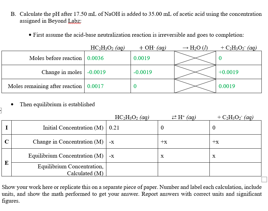 B. Calculate the pH after 17.50 mL of NaOH is added to 35.00 mL of acetic acid using the concentration
assigned in Beyond Labz:
• First assume the acid-base neutralization reaction is irreversible and goes to completion:
HC;H;O2 (aq)
+ ОН (ад)
H2O (1)
+ C¿H3O2 (aq)
Moles before reaction 0.0036
0.0019
Change in moles -0.0019
-0.0019
+0.0019
Moles remaining after reaction 0.0017
0.0019
Then equilibrium is established
HC,H3O2 (ag)
2H* (aq)
+ C>H;O2° (aq)
I
Initial Concentration (M) 0.21
C
Change in Concentration (M)
+x
+x
Equilibrium Concentration (M)
X
E
Equilibrium Concentration,
Calculated (M)
Show your work here or replicate this on a separate piece of paper. Number and label each calculation, include
units, and show the math performed to get your answer. Report answers with correct units and significant
figures.
