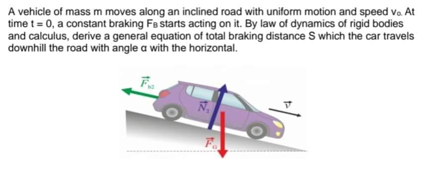 A vehicle of mass m moves along an inclined road with uniform motion and speed vo. At
time t = 0, a constant braking FB starts acting on it. By law of dynamics of rigid bodies
and calculus, derive a general equation of total braking distance S which the car travels
downhill the road with angle a with the horizontal.
Fa