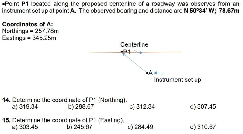 •Point P1 located along the proposed centerline of a roadway was observes from an
instrument set up at point A. The observed bearing and distance are N 50°34' W; 78.67m
Coordinates of A:
Northings = 257.78m
Eastings 345.25m
Centerline
P1
14. Determine the coordinate of P1 (Northing).
a) 319.34
b) 298.67
15. Determine the coordinate of P1 (Easting).
a) 303.45
b) 245.67
•A
Instrument set up
c) 312.34
c) 284.49
d) 307,45
d) 310.67