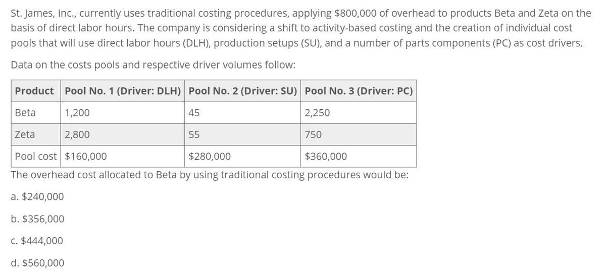 St. James, Inc., currently uses traditional costing procedures, applying $800,000 of overhead to products Beta and Zeta on the
basis of direct labor hours. The company is considering a shift to activity-based costing and the creation of individual cost
pools that will use direct labor hours (DLH), production setups (SU), and a number of parts components (PC) as cost drivers.
Data on the costs pools and respective driver volumes follow:
Product Pool No. 1 (Driver: DLH) Pool No. 2 (Driver: SU) Pool No. 3 (Driver: PC)
Beta
1,200
Zeta
2,800
Pool cost $160,000
45
55
$280,000
2,250
750
$360,000
The overhead cost allocated to Beta by using traditional costing procedures would be:
a. $240,000
b. $356,000
c. $444,000
d. $560,000