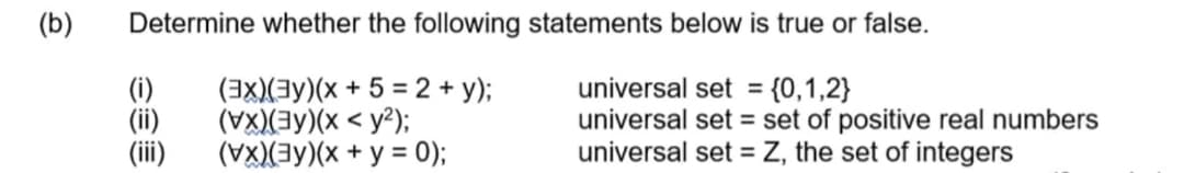 (b)
Determine whether the following statements below is true or false.
universal set = {0,1,2}
(³x)(³)(x + 5 = 2 + y);
(V)(3)(x²);
universal set = set of positive real numbers
universal set = Z, the set of integers
(V)(³)(x + y = 0);
(ii)
(iii)