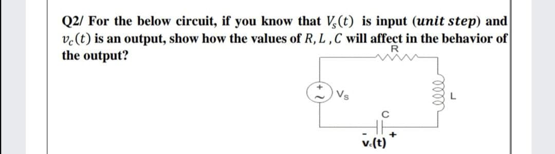 Q2/ For the below circuit, if you know that V,(t) is input (unit step) and
v.(t) is an output, show how the values of R, L,C will affect in the behavior of
the output?
R
Vs
+
v.(t)
ll
