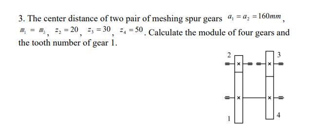 3. The center distance of two pair of meshing spur gears 4 = a, =160mm
m, = m, z, = 20 3 = 30, 2, = 50 . Calculate the module of four gears and
the tooth number of gear 1.
