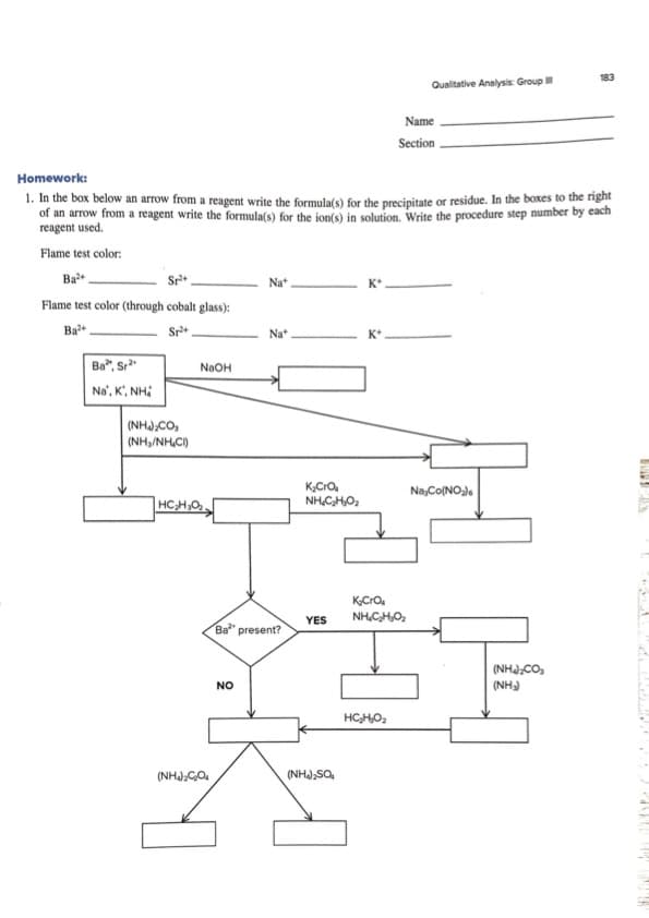 183
Qualitative Analysis Group
Name
Section .
Homework:
1. In the box below an arrow from a reagent write the formula(s) for the precipitate or residue. In the boxes to the right
of an arrow from a reagent write the formula(s) for the ion(s) in solution. Write the procedure step number by each
reagent used.
Flame test color:
Ba*
Na*
Flame test color (through cobalt glass):
Ba
Na+
Ba", Sr²"
NaOH
Na', K', NH:
(NH.CO,
(NH,/NH,CI)
KCro,
NH.CHO,
Na,Co(NO).
HCHO
K,Cro.
YES
NH,CHO,
Ba
present?
(NHJ.CO,
NO
(NH)
HCHO,
(NHJ,SO,
