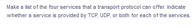 Make a list of the four services that a transport protocol can offer. Indicate
whether a service is provided by TCP, UDP, or both for each of the services.
