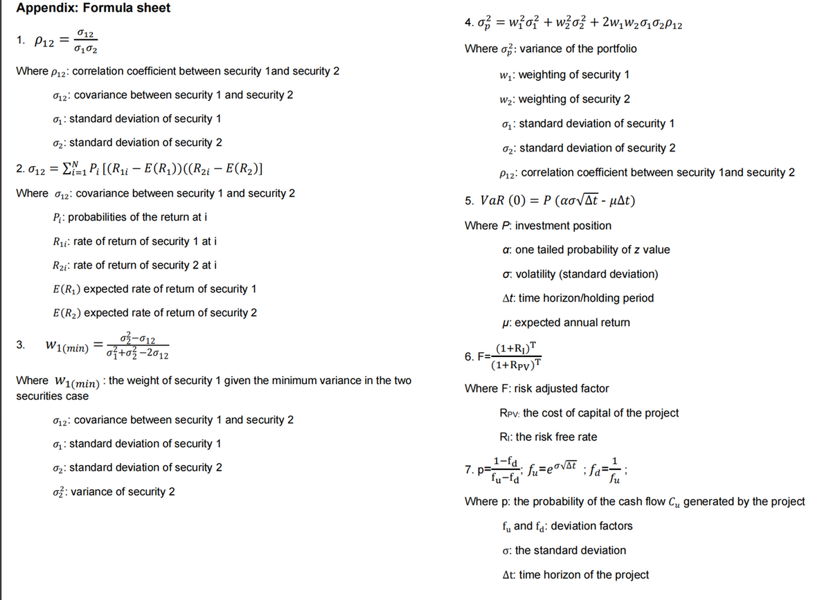 Appendix: Formula sheet
1. P12 =
012
0102
Where P12: correlation coefficient between security 1 and security 2
012: covariance between security 1 and security 2
₁: standard deviation of security 1
0₂: standard deviation of security 2
2. 012 = 1 Pi [(R₁i — E (R₁)) ((R₂i – E(R₂)]
-
Where 12: covariance between security 1 and security 2
P₁: probabilities of the return at i
3.
R₁i: rate of return of security 1 at i
R₂i: rate of return of security 2 at i
E (R₁) expected rate of return of security 1
E (R₂) expected rate of return of security 2
02-012
W1(min)+02-2012
Where W₁(min): the weight of security 1 given the minimum variance in the two
securities case
012: covariance between security 1 and security 2
₁: standard deviation of security 1
0₂: standard deviation of security 2
o2: variance of security 2
4.02= w202 + w20₂ + 2w₁W₂010₂P12
Where
: variance of the portfolio
w₁: weighting of security 1
w₂: weighting of security 2
0₁: standard deviation of security 1
0₂: standard deviation of security 2
P12: correlation coefficient between security 1and security 2
5. VaR (0) = P (ασνΔt - μΔt)
Where P: investment position
a: one tailed probability of z value
σ: volatility (standard deviation)
At: time horizon/holding period
μ: expected annual return
(1+R₂) T
(1+Rpv)T
Where F: risk adjusted factor
6. F=-
RPV: the cost of capital of the project
R₁: the risk free rate
1-fd
fu-fa'
Where p: the probability of the cash flow Cu generated by the project
f and fa: deviation factors
o: the standard deviation
At: time horizon of the project
7. p=
fu=e°√At i fa=—=;
fu