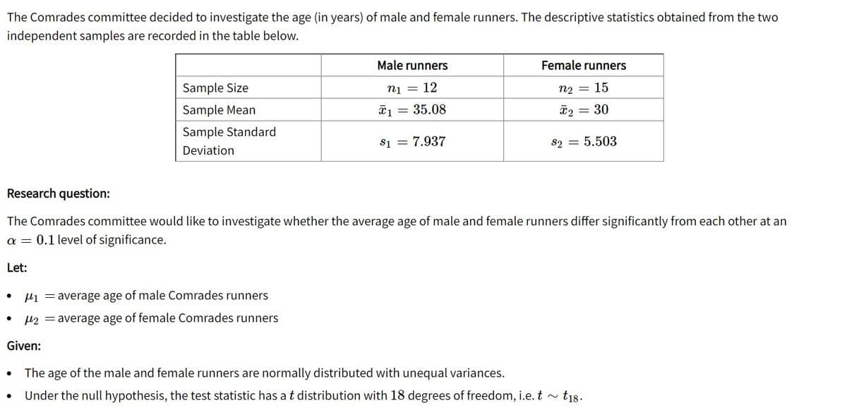 The Comrades committee decided to investigate the age (in years) of male and female runners. The descriptive statistics obtained from the two
independent samples are recorded in the table below.
Male runners
Female runners
Sample Size
nį = 12
n2 = 15
Sample Mean
a = 35.08
*2 = 30
Sample Standard
s1 = 7.937
82 = 5.503
Deviation
Research question:
The Comrades committee would like to investigate whether the average age of male and female runners differ significantly from each other at an
a = 0.1 level of significance.
Let:
Hi = average age of male Comrades runners
l2 = average age of female Comrades runners
Given:
The age of the male and female runners are normally distributed with unequal variances.
t18-
Under the null hypothesis, the test statistic has at distribution with 18 degrees of freedom, i.e. t ~
