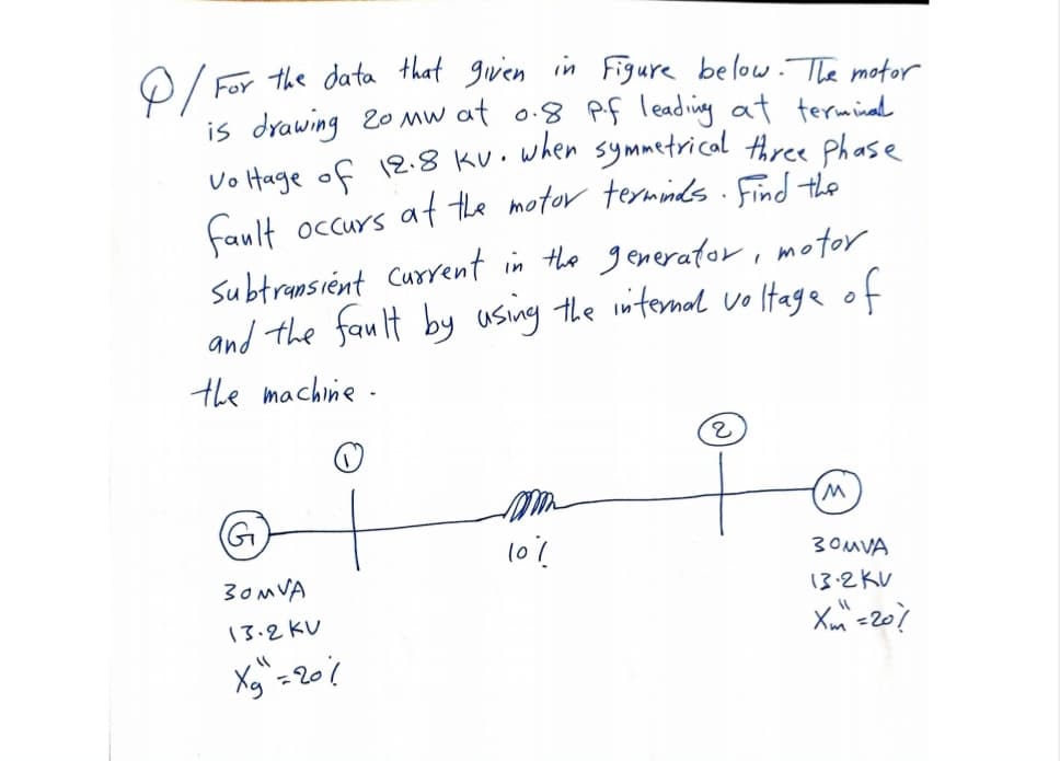 0 / For the data that given in Figure below.The motor
is drawing 20 mw at o.8 Pf leading at terminad
Vo Hage of 12:8 KU. when symmetrical three Phase
ocurs at te motor termnds.Find the
fault
Subtransiént Current in the generator, motor
and the fault by using the initomal voItage of
the machine -
3,
G.
3 0MVA
30MVA
13:2KV
13.2KU
Xm <20?
