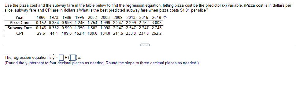 ---

### Regression Analysis: Predicting Subway Fare Based on Pizza Cost

#### Objective:
Determine the regression equation using the pizza cost and the subway fare from the table below. Here, the pizza cost is the predictor (x) variable. Both pizza cost (measured in dollars per slice) and subway fare (measured in dollars) are given. We aim to predict the subway fare when the pizza cost is $4.01 per slice.

#### Data Table:
| Year | Pizza Cost | Subway Fare | CPI   |
|------|------------|-------------|-------|
| 1960 | 0.152      | 0.148       | 29.6  |
| 1973 | 0.354      | 0.352       | 44.4  |
| 1986 | 0.996      | 0.999       | 109.6 |
| 1995 | 1.246      | 1.350       | 152.4 |
| 2002 | 1.754      | 1.502       | 180.0 |
| 2009 | 1.999      | 1.998       | 184.0 |
| 2013 | 2.247      | 2.247       | 214.5 |
| 2015 | 2.299      | 2.547       | 233.0 |
| 2019 | 3.003      | 2.748       | 252.2 |

#### Instructions:
1. **Find the regression equation**: Use the given data to calculate the regression equation, where `y` represents the subway fare, and `x` represents the pizza cost.
2. **Equation format**: The regression equation will be in the form:
   \[
   \hat{y} = \beta_0 + (\beta_1)(x)
   \]
   - Round the y-intercept (\(\beta_0\)) to four decimal places.
   - Round the slope (\(\beta_1\)) to three decimal places.
3. **Prediction**: Use the regression equation to predict the subway fare when the pizza cost is $4.01 per slice.

#### Solution Setup:
- **Regression Equation Calculation Placeholder**:
  \[
  \hat{y} = \square + (\square) x
  \]

#### Example: 
If after calculations the regression