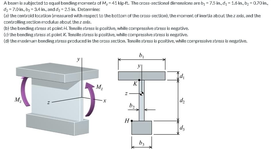 A beam is subjected to equal bending moments of M₂ = 41 kip-ft. The cross-sectional dimensions are b₁ = 7.5 in., d₁ = 1.6 in., b₂ = 0.70 in.,
d₂ = 7.0 in., b3 = 3.4 in., and d3 = 2.5 in. Determine:
(a) the centroid location (measured with respect to the bottom of the cross-section), the moment of inertia about the z axis, and the
controlling section modulus about the z axis.
(b) the bending stress at point H. Tensile stress is positive, while compressive stress is negative.
(c) the bending stress at point K. Tensile stress is positive, while compressive stress is negative.
(d) the maximum bending stress produced in the cross section. Tensile stress is positive, while compressive stress is negative.
M₂
N
M₂
N
b₂
H
K
b₁
y|
b3
d₁
d₂
dz