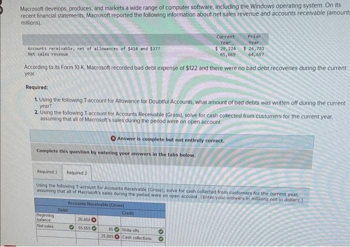 Macrosoft develops, produces, and markets a wide range of computer software, including the Windows operating system. On its
recent financial statements, Macrosoft reported the following information about net sales revenue and accounts receivable (amount-
millions).
Accounts receivable, net of allowances of $414 and $377
Net sales revenue
According to its Form 10-K, Macrosoft recorded bad debt expense of $122 and there were no bad debt recoveries during the current
year.
Required:
1. Using the following T-account for Allowance for Doubtful Accounts, what amount of bad debts was written off during the current
year?
2. Using the following T-account for Accounts Receivable (Gross), solve for cash collected from customers for the current year,
assuming that all of Macrosoft's sales during the period were on open account
Complete this question by entering your answers in the tabs below.
Beginning
balance
Net sales
Debit
Required 1 Required 2
Using the following T-account for Accounts Receivable (Gross), solve for cash collected from customers for the current year,
assuming that all of Macrosoft's sales during the period were on open account. (Enter your answers in milions not in dollars.)
Accounts Receivable (Gross)
26.404
65.669
Current
Year
$ 29,224
65,669
Answer is complete but not entirely correct.
85
25,809
Prior
Year
$26,781
64,697
Credit
Write-offs
Cash collections