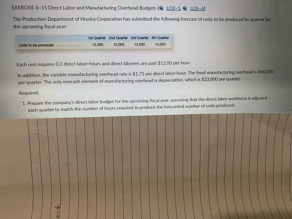 EXERCISE 8-15 Direct Labor and Manufacturing Overhead Budgets [ LO8-5, Q LO8-6]
The Production Department of Hruska Corporation has submitted the following forecast of units to be produced by quarter for
the upcoming fiscal year:
1st Quarter 2nd Quarter 3rd Quarter 4th Quarter
Units to be produced
12,000
10,000
13,000
14,000
Each unit regquires 0.2 direct labor-hours and direct laborers are paid $12.00 per hour.
In addition, the variable manufacturing overhead rate is $1.75 per direct labor-hour. The fixed manufacturing overhead is $86,000
per quarter. The only noncash element of manufacturing overhead is depreciation, which is $23,000 per quarter.
Required:
1. Prepare the company's direct labor budget for the upcoming fiscal year, assuming that the direct labor workforce is adjusted
each quarter to match the number of hours required to produce the forecasted number of units produced.
