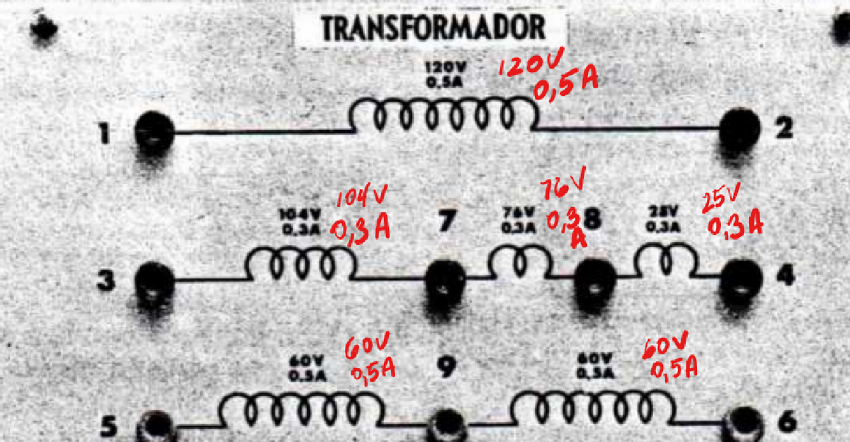 1
50
TRANSFORMADOR
120V 120V
0.SA
mööm
1047
104
0.34 0,3 A
OV
600
60 0,5A
mmmm
7
9
0,5A
500
76V
25V
0,34
LOV
28V
0.3A
m
bov
0,5A
mmm..
2