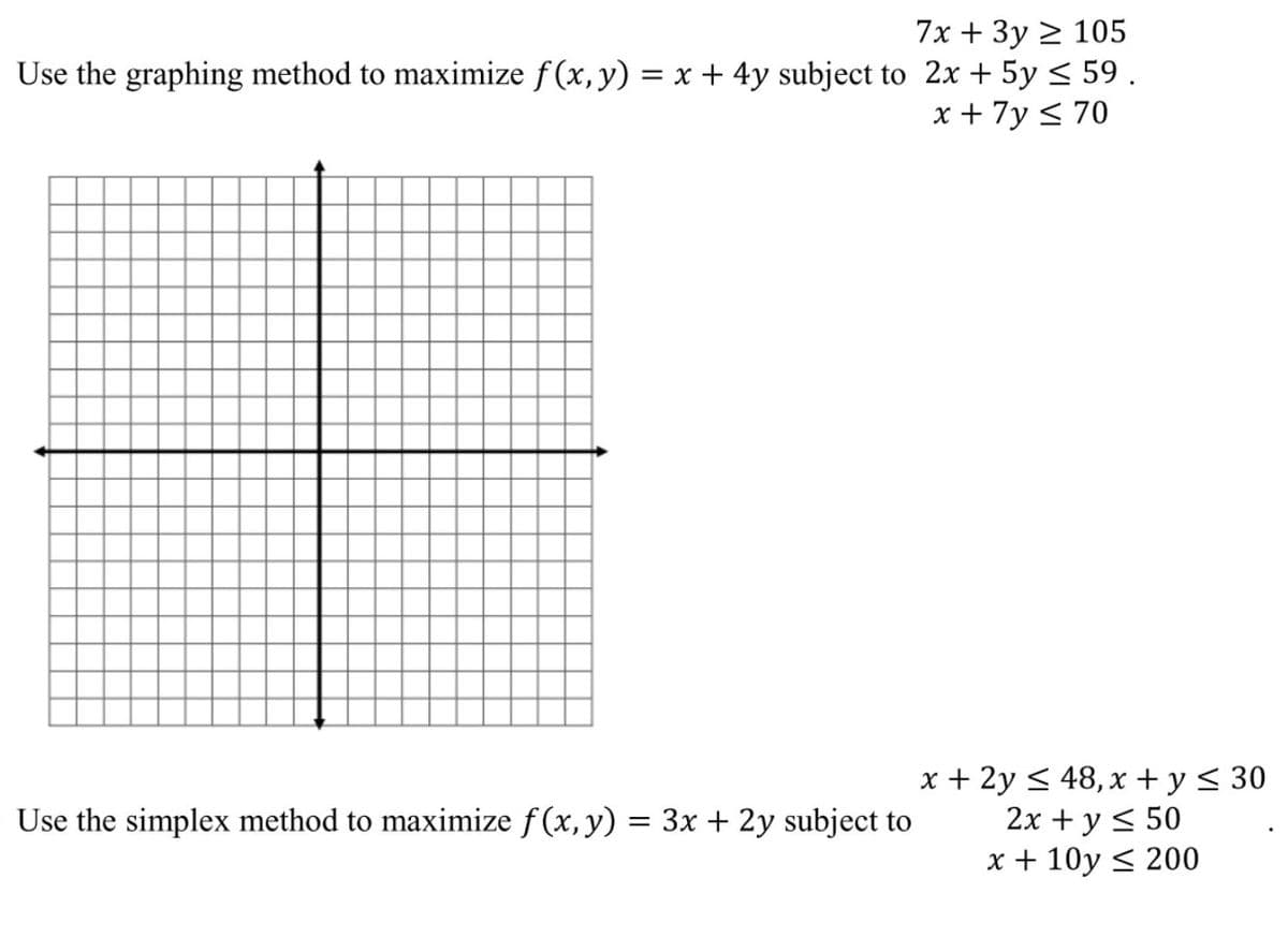 7х + Зу 2 105
Use the graphing method to maximize f (x, y) = x + 4y subject to 2x+ 5y < 59 .
x + 7y < 70
x + 2y < 48, x + y< 30
2х + y < 50
x + 10y < 200
Use the simplex method to maximize f(x, y) = 3x + 2y subject to
