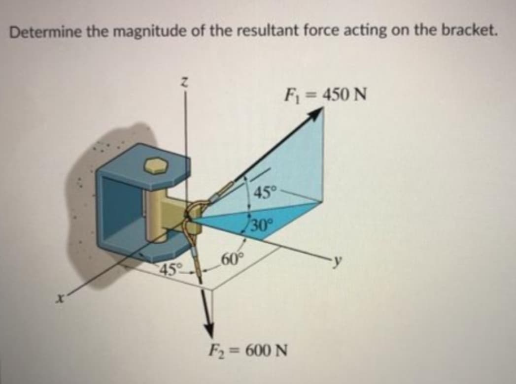 Determine the magnitude of the resultant force acting on the bracket.
F = 450 N
45°
30
60°
45
F2 = 600 N
