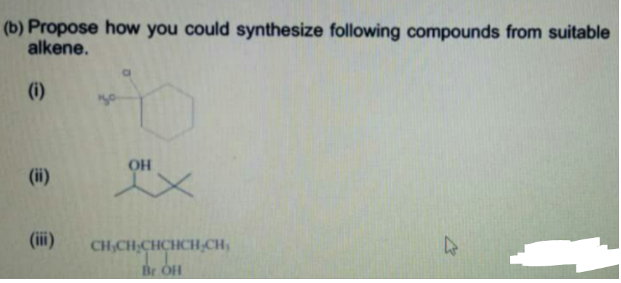 (b) Propose how you could synthesize following compounds from suitable
alkene.
(i)
OH
(ii)
(ii)
CH,CH,CHCHCH CH,
Br OH
