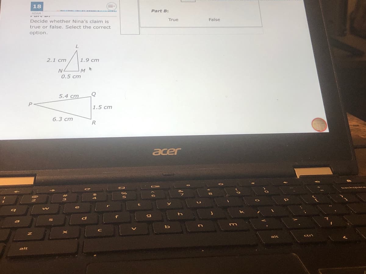 18
Part B:
ADAM
Decide whether Nina's claim is
True
False
true or false. Select the correct
option.
2.1 ст
1.9 cm
0.5 ст
5.4 cm
Q
P
1.5 cm
6.3 ст
R.
acer
ctri
alt
