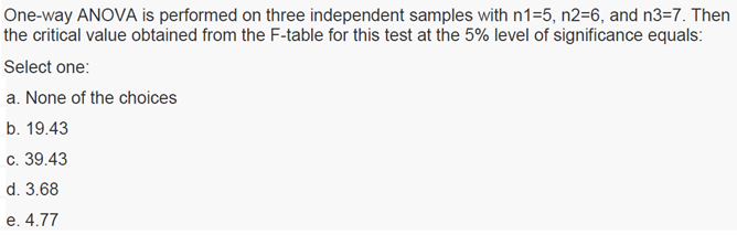 One-way ANOVA is performed on three independent samples with n1=5, n2=6, and n3=7. Then
the critical value obtained from the F-table for this test at the 5% level of significance equals:
Select one:
a. None of the choices
b. 19.43
с. 39.43
d. 3.68
е. 4.77
