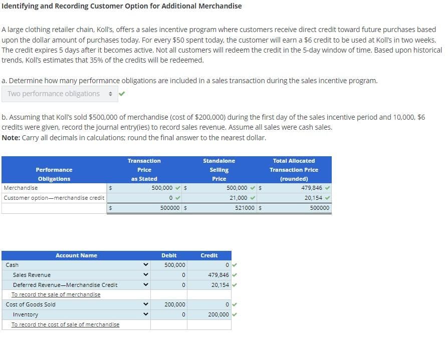 Identifying and Recording Customer Option for Additional Merchandise
A large clothing retailer chain, Koll's, offers a sales incentive program where customers receive direct credit toward future purchases based
upon the dollar amount of purchases today. For every $50 spent today, the customer will earn a $6 credit to be used at Koll's in two weeks.
The credit expires 5 days after it becomes active. Not all customers will redeem the credit in the 5-day window of time. Based upon historical
trends, Koll's estimates that 35% of the credits will be redeemed.
a. Determine how many performance obligations are included in a sales transaction during the sales incentive program.
Two performance obligations
b. Assuming that Koll's sold $500,000 of merchandise (cost of $200,000) during the first day of the sales incentive period and 10,000, $6
credits were given, record the journal entry(ies) to record sales revenue. Assume all sales were cash sales.
Note: Carry all decimals in calculations; round the final answer to the nearest dollar.
Performance
Obligations
Merchandise
Customer option-merchandise credit
Cash
Account Name
$
$
Sales Revenue
Deferred Revenue-Merchandise Credit
To record the sale of merchandise
Cost of Goods Sold
Inventory
To record the cost of sale of merchandise
Transaction
Price
as Stated
<< <
<<
500,000 S
0 ✓
500000 $
Debit
500,000
0
0
200,000
0
Standalone
Selling
Price
Credit
500,000 $
21,000 ✓
0
479,846
20,154
0
200,000
521000 $
Total Allocated
Transaction Price
(rounded)
479,846
20,154 ✓
500000