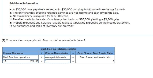 Additional Information
a. A $30,000 note payable is retired at its $30,000 carrying (book) value in exchange for cash.
b. The only changes affecting retained earnings are net income and cash dividends paid.
c. New machinery is acquired for $65,600 cash.
d. Received cash for the sale of machinery that had cost $56,600, yielding a $2,800 gain.
e. Prepaid Expenses and Salaries Payable relate to Operating Expenses on the income statement.
f. All purchases and sales of inventory are on credit.
(2) Compute the company's cash flow on total assets ratio for Year 2.
Choose Numerator:
Cash flow from operations
$
Cash Flow on Total Assets Ratio
1 Choose Denominator:
Average total assets
1
173,110 1
=
=
=
Cash Flow on Total Assets Ratio
Cash flow on total assets ratio
0