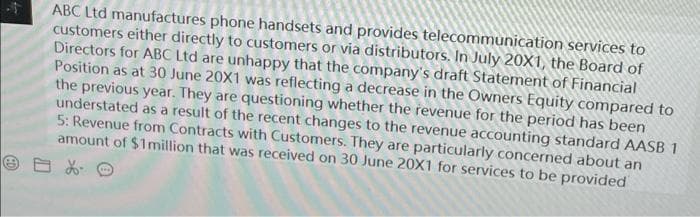 ABC Ltd manufactures phone handsets and provides telecommunication services to
customers either directly to customers or via distributors. In July 20X1, the Board of
Directors for ABC Ltd are unhappy that the company's draft Statement of Financial
Position as at 30 June 20X1 was reflecting a decrease in the Owners Equity compared to
the previous year. They are questioning whether the revenue for the period has been
understated as a result of the recent changes to the revenue accounting standard AASB 1
5: Revenue from Contracts with Customers. They are particularly concerned about an
amount of $1million that was received on 30 June 20X1 for services to be provided
