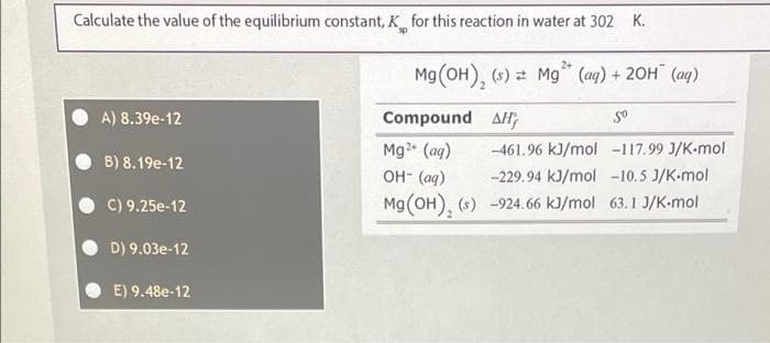 Calculate the value of the equilibrium constant, K for this reaction in water at 302 K.
Mg(OH), (s) 2 Mg (ag) + 20H (aq)
A) 8.39e-12
Compound AH
Mg (ag)
Он- (ад)
Mg(OH), (s) -924.66 kJ/mol 63. 1 J/K-mol
-461.96 kJ/mol -117.99 J/K-mol
B) 8.19e-12
-229.94 kJ/mol -10.5 J/K-mol
C) 9.25e-12
D) 9.03e-12
E) 9.48e-12
