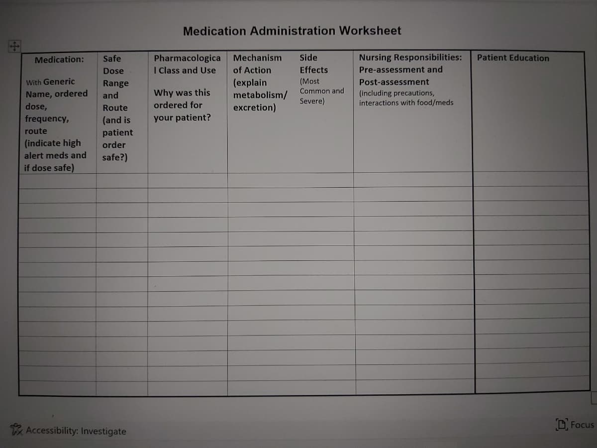 Medication Administration Worksheet
Pharmacologica Mechanism
I Class and Use
Medication:
Safe
Side
Nursing Responsibilities:
Patient Education
Dose
of Action
Effects
Pre-assessment and
(Most
(explain
metabolism/
excretion)
With Generic
Range
Post-assessment
Common and
Name, ordered
dose,
frequency,
Why was this
(including precautions,
interactions with food/meds
and
Severe)
Route
ordered for
your patient?
(and is
patient
route
(indicate high
alert meds and
order
safe?)
if dose safe)
OFocus
Accessibility: Investigate
