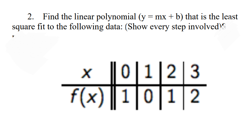 2. Find the linear polynomial (y = mx + b) that is the least
square fit to the following data: (Show every step involved)
0 123
1012
X
f(x) ||1