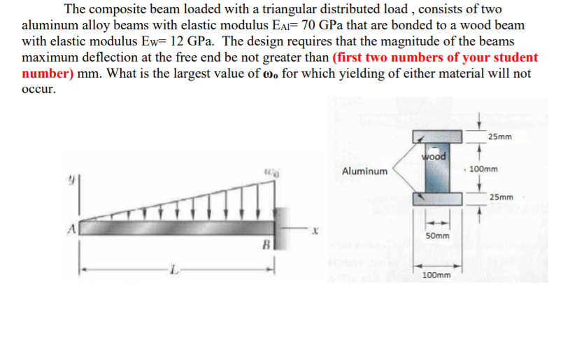 The composite beam loaded with a triangular distributed load , consists of two
aluminum alloy beams with elastic modulus EAr= 70 GPa that are bonded to a wood beam
with elastic modulus Ew= 12 GPa. The design requires that the magnitude of the beams
maximum deflection at the free end be not greater than (first two numbers of your student
number) mm. What is the largest value of oo for which yielding of either material will not
осcur.
25mm
wood
Aluminum
100mm
25mm
50mm
B
100mm
