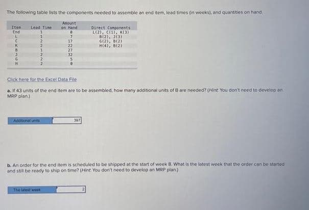 The following table lists the components needed to assemble an end item, lead times (in weeks), and quantities on hand,
Iten Lead Time
End
L
C
K
1
1
2
2
1
2
Additional units
Amount
on Hand
0
@77212G
The latest week
22
32
Click here for the Excel Data File
a. If 43 units of the end item are to be assembled, how many additional units of B are needed? (Hint You don't need to develop an
MRP plan)
Direct Components
L(2), C(1), K(3)
B(2), (3)
G(2), B(2)
H(4), B(2)
397
b. An order for the end item is scheduled to be shipped at the start of week 8. What is the latest week that the order can be started
and still be ready to ship on time? (Hint You don't need to develop an MRP plan.)