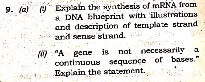 9. (a) (i) Explain the synthesis of mRNA from
a DNA blueprint with illustrations
and description of template strand
and sense strand. :
is not necessarily a
(ü) “A gene
continuous sequence of bases."
Explain the statement.
