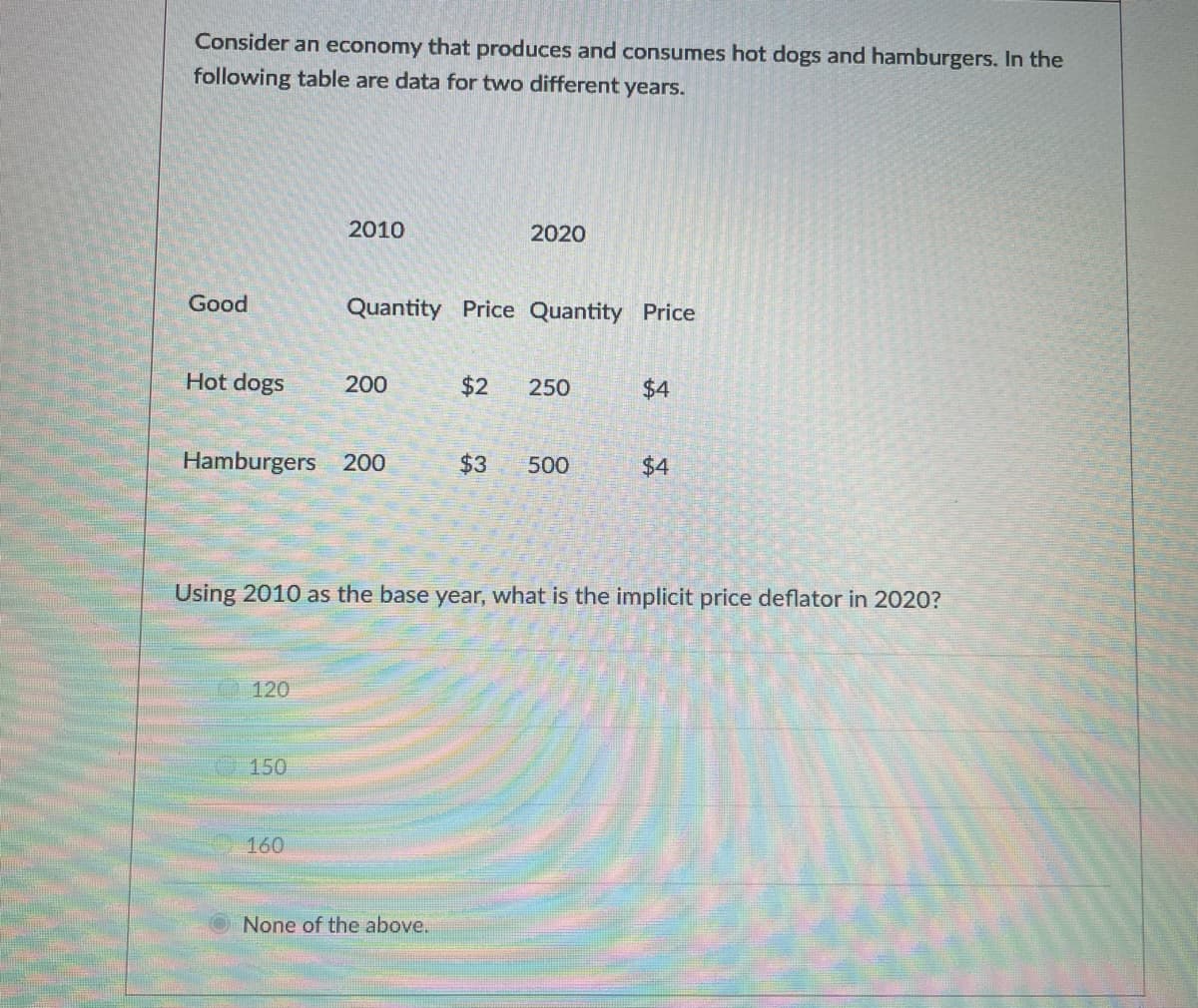 Consider an economy that produces and consumes hot dogs and hamburgers. In the
following table are data for two different years.
Good
Hot dogs
120
2010
Hamburgers 200
150
160
Quantity Price Quantity Price
200
2020
None of the above.
$2 250
Using 2010 as the base year, what is the implicit price deflator in 2020?
$3 500
$4
$4