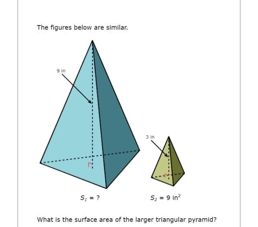 The figures below are similar.
9 in
3D
3D
3D
%3D
3 in
3D
S, = ?
S2 = 9 in?
What is the surface area of the larger triangular pyramid?
