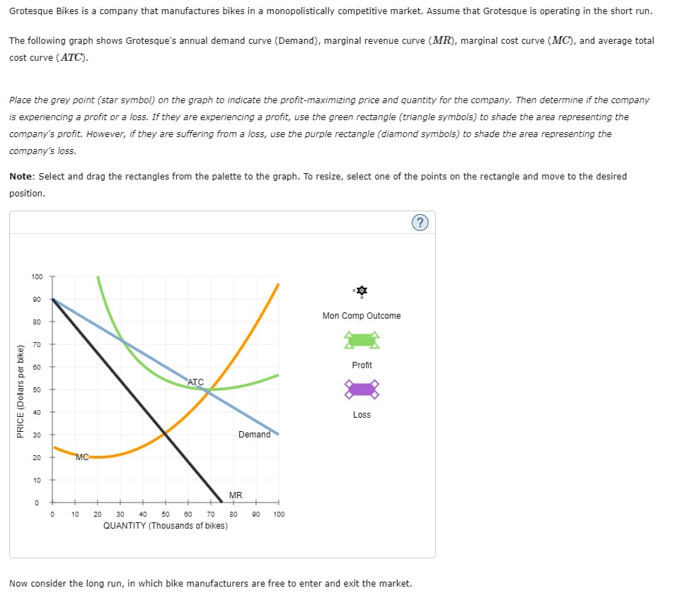 Grotesque Bikes is a company that manufactures bikes in a monopolistically competitive market. Assume that Grotesque is operating in the short run.
The following graph shows Grotesque's annual demand curve (Demand), marginal revenue curve (MR), marginal cost curve (MC), and average total
cost curve (ATC).
Place the grey point (star symbol) on the graph to indicate the profit-maximizing price and quantity for the company. Then determine if the company
is experiencing a profit or a loss. If they are experiencing a profit, use the green rectangle (triangle symbols) to shade the area representing the
company's profit. However, if they are suffering from a loss, use the purple rectangle (diamond symbols) to shade the area representing the
company's loss.
Note: Select and drag the rectangles from the palette to the graph. To resize, select one of the points on the rectangle and move to the desired
position.
PRICE (Dollars per bike)
100
90
80
70
60
ATC
50
40
30
20
MC
10
Mon Comp Outcome
Profit
Loss
Demand
MR
0
0
10
20
30
40
50 60 70
80
90 100
QUANTITY (Thousands of bikes)
Now consider the long run, in which bike manufacturers are free to enter and exit the market.
(?)