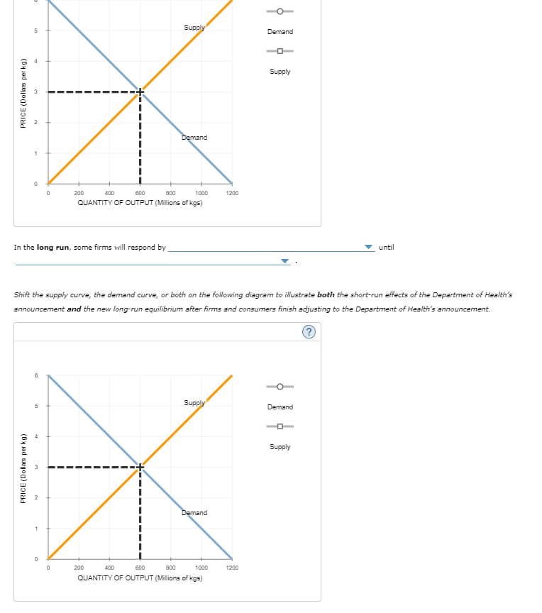 PRICE (Dollars per kg)
PRICE (Dollars per kg)
5
0
200
400
600
800
Supply
Demand
Demand
1000
1200
QUANTITY OF OUTPUT (Millions of kgs)
In the long run, some firms will respond by
Supply
until
Shift the supply curve, the demand curve, or both on the following diagram to illustrate both the short-run effects of the Department of Health's
announcement and the new long-run equilibrium after firms and consumers finish adjusting to the Department of Health's announcement.
1
Supply
5
Demand
0
200
Demand
400
600
800
QUANTITY OF OUTPUT (Millions of kgs)
1000
1200
Supply