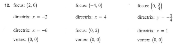 12. focus: (2, 0)
directrix: x = -2
directrix: x=-6
vertex: (0, 0)
focus: (-4, 0)
directrix: x = 4
focus: (0, 2)
vertex: (0, 0)
focus: (0, 2)
directrix: y =
directrix: x = 1
vertex: (0, 0)