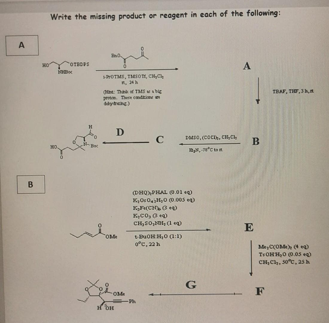 A
B
HO
Write the missing product or reagent in each of the following:
HO
OTBDPS
NHBoc
H
N-Boc
En 0,
i-ProTMS, TMSOTY, CH₂Cl₂
It, 24 h
0
(Hint: Think of TMS as a big
proton. These conditions are
dehydrating.)
Olde
D
H OH
C
Ome
=Ph
(DHQ)₂PHAL (0.01 eq)
K₂ Os 042H₂0 (0.005 eq)
K₂Fe(CN) (3 eq)
K₂CO, (3 eq)
CH₂SO₂NH₂ (1 eq)
t-BuOH:H₂0 (1:1)
0°C, 22 h
DMSO, (COCI), CH₂Cl₂
E₂N, -78°C to It
G
A
B
E
TBAF, THF, 3 h, it
Ade, C(Ode) (4 eq)
TsOHH₂0 (0.05 eq)
CH₂Cl₂, 50°C, 25 h
F