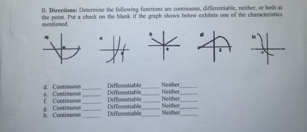 B. Directions: Determine the following functions are continuous, differentiable, neither, or both at
the point. Put a check on the blank if the graph shown below exhibits one of the characteristics
mentioned.
it
牛
d. Continuous
e. Continuous
f. Continuous
g. Continuous
h. Continuous
Differentiable
Differentiable
Differentiable
Differentiable
Differentiable
Neither
Neither
Neither
Neither
Neither
